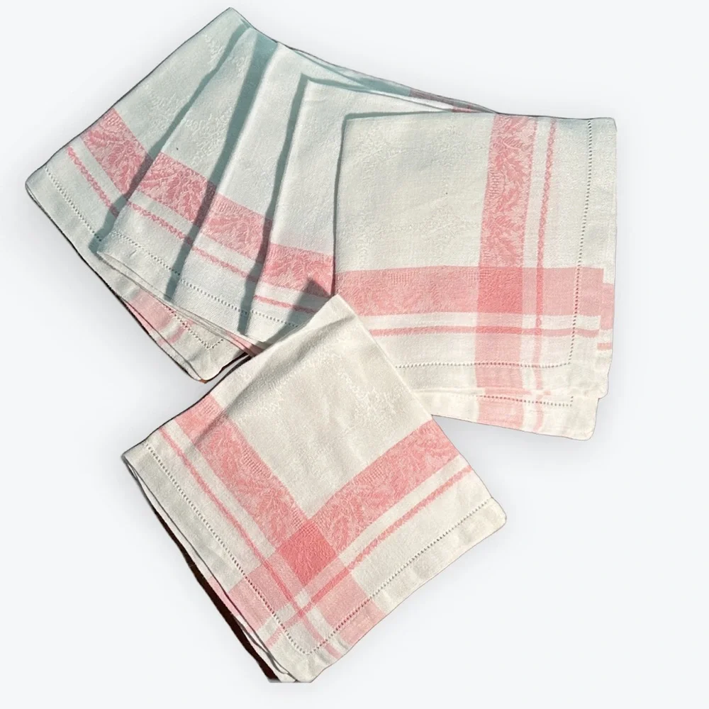 Vintage Cottage Chic Pristine Pink & White Striped Damask Cloth Napkins ~ 6 pc.